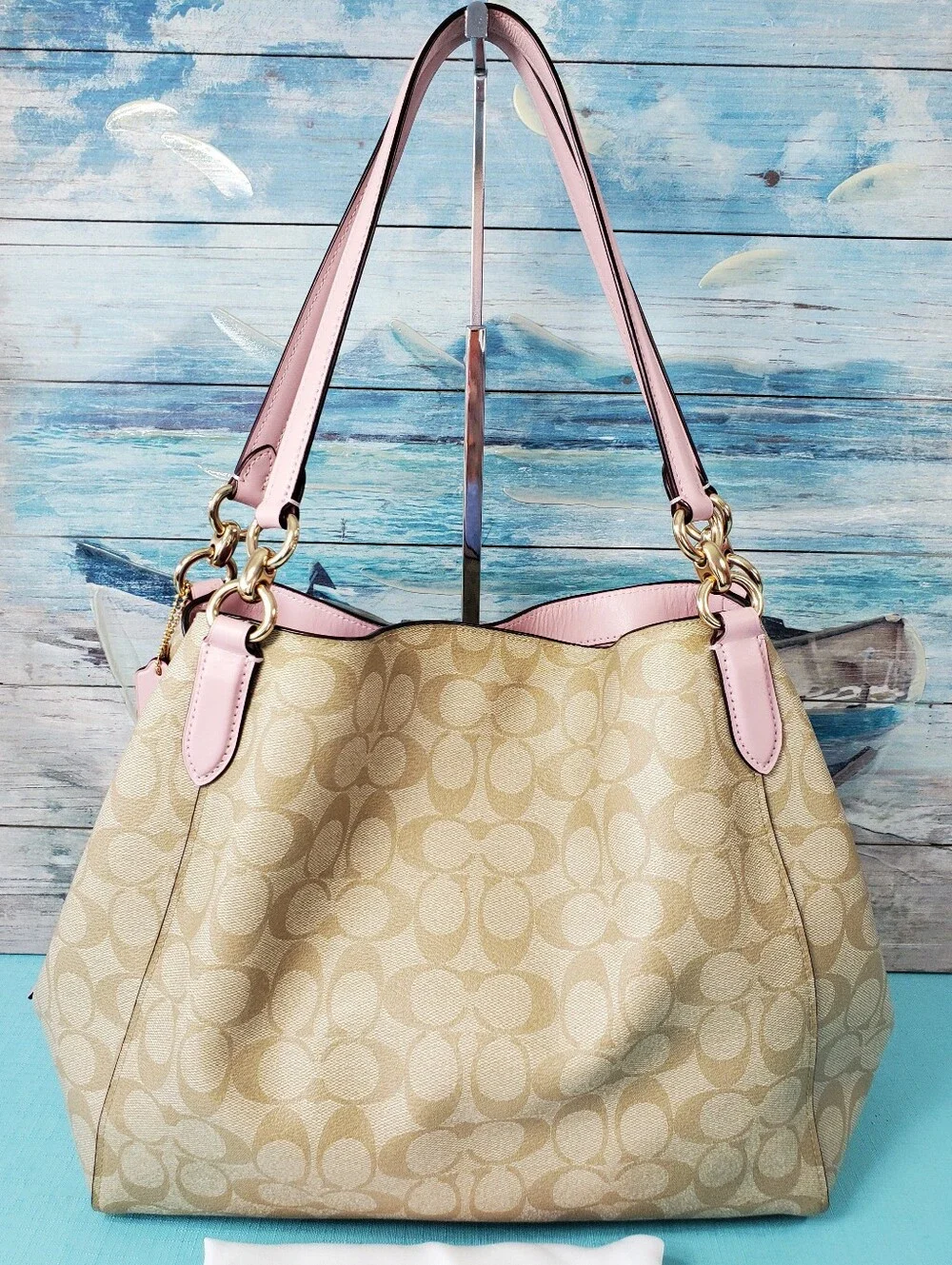 Coach Hallie Shoulder Bag In Signature Canvas Khaki / Pink Blossom F80298